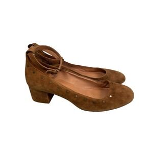 Madewell Inez‎ Stud Ankle Strap Brown Suede Round Toe Block Heel Shoes Womens 10